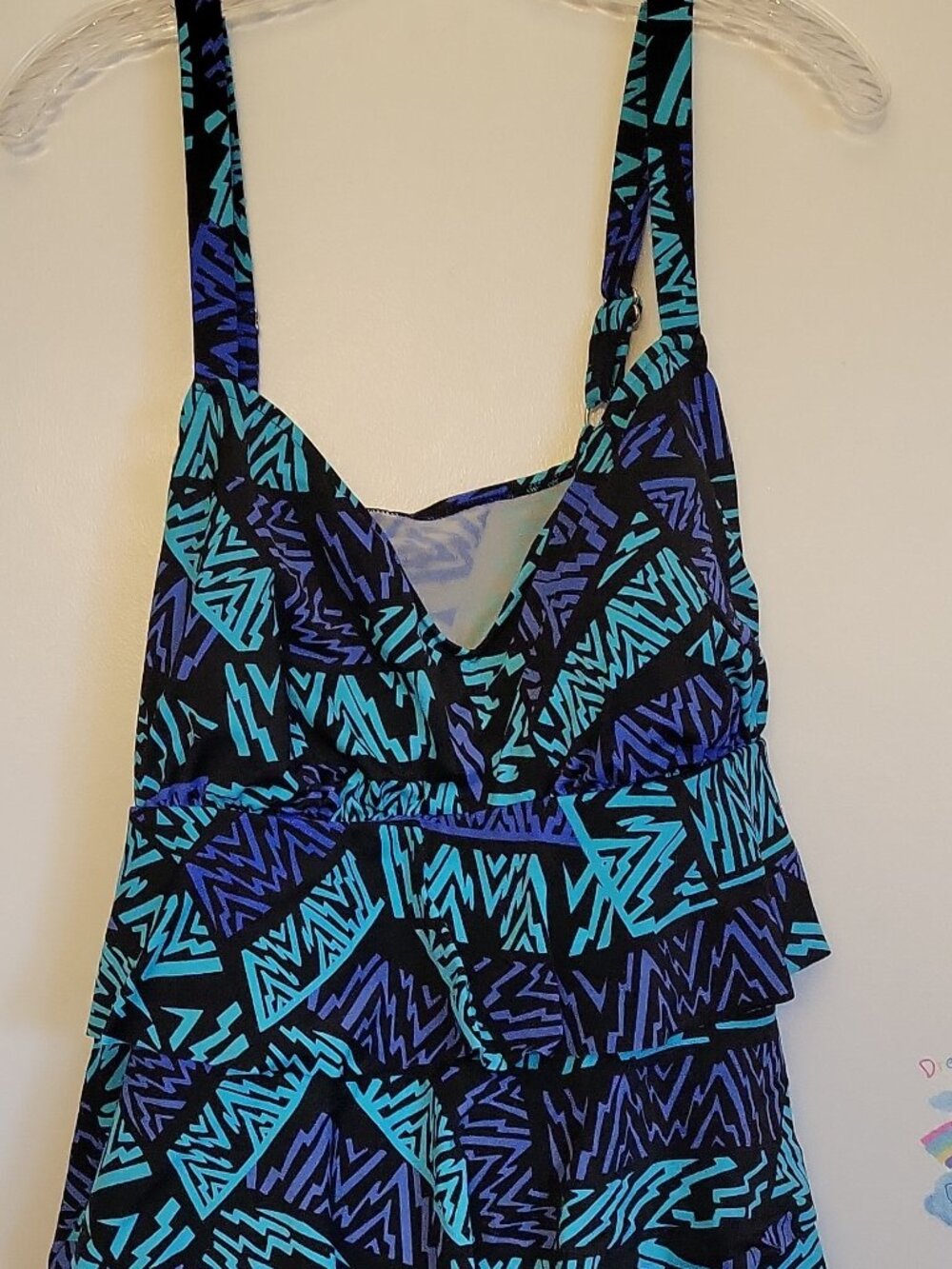 The Croft & Barrow Plus 18W Geometric One Piece Swimsuit in Blue, Black, and Gre